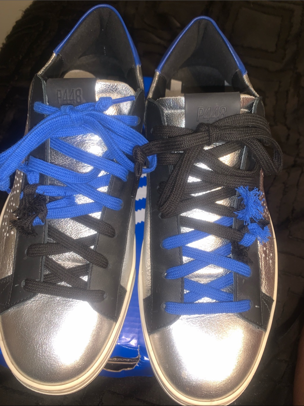 P448 Men's Metallic Silver And Black Sneakers With Blue Accents